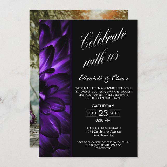 Purple Black Floral Photo Wedding Reception Invitation (Front/Back)