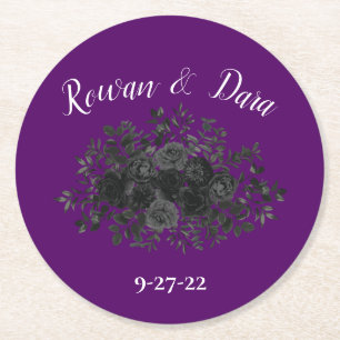 Purple Black Floral Wedding Gothic Round Paper Coaster