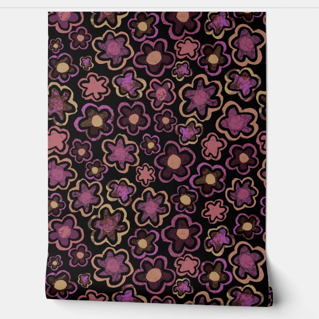 Purple Black Flower Pattern Hand Drawing Floral Wallpaper (Unrolling)