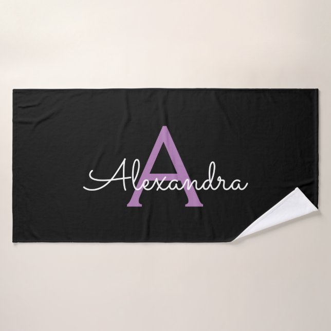 Purple Black Girly Script Monogram Name Modern Bath Towel (Bath Towel)