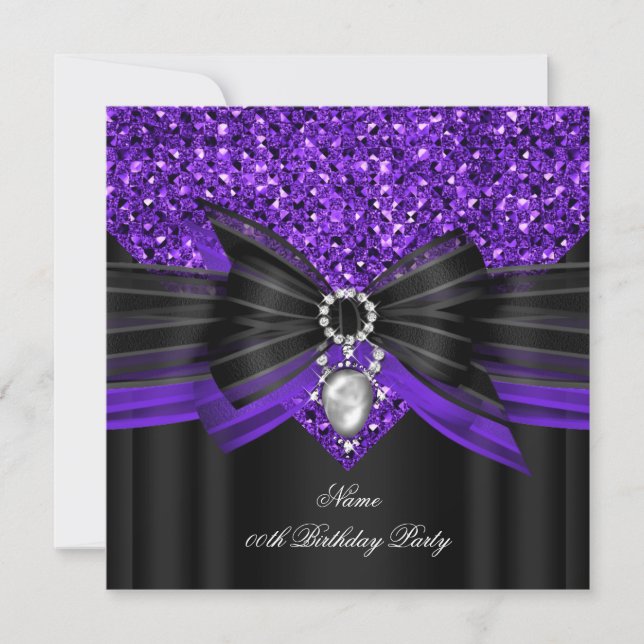 Purple Black Glitter Birthday Party Diamond Invitation (Front)