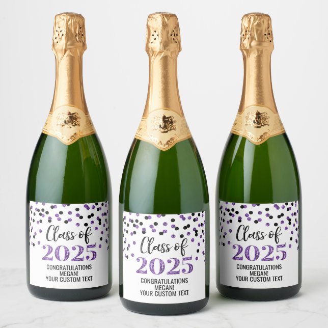 Purple Black Glitter Class of 2025 Graduation Sparkling Wine Label (Bottles)
