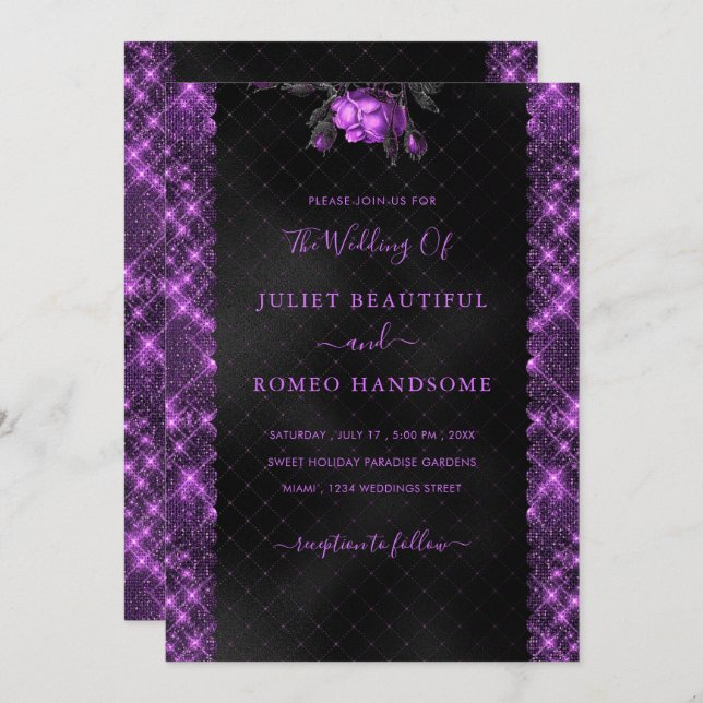 Purple Black Glitter Frame Wedding Invitation (Front/Back)
