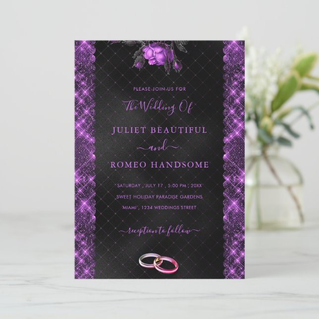 Purple Black Glitter Framed Wedding Invitation (Standing Front)