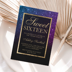 Purple black glitter gold elegant chic Sweet 16 Invitation