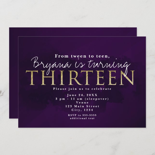 Purple Black & Gold 13 THIRTEEN 13th Party Invitation (Front/Back)