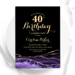 Purple Black Gold Agate 40th Birthday Invitation<br><div class="desc">Purple,  black and gold agate 40th birthday party invitation. Elegant modern design featuring watercolor agate marble geode background,  faux glitter gold and typography script font. Trendy invite card perfect for a stylish women's bday celebration. Printed Zazzle invitations or instant download digital printable template.</div>