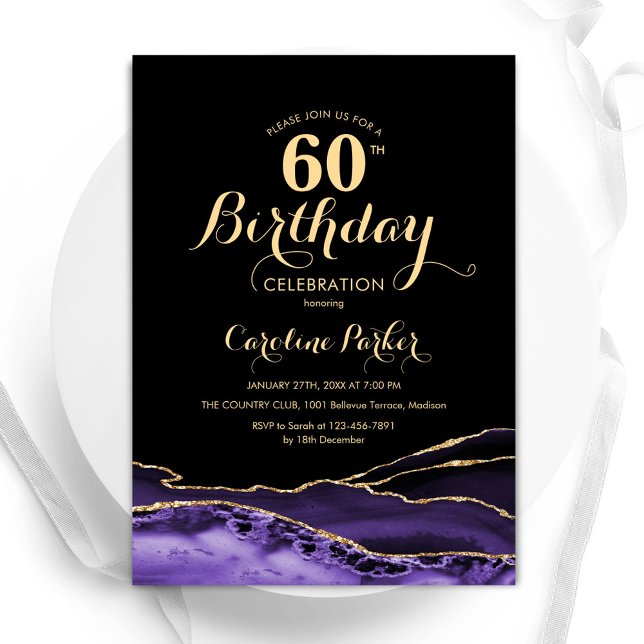 Purple Black Gold Agate  60th Birthday Invitation (Creator Uploaded)
