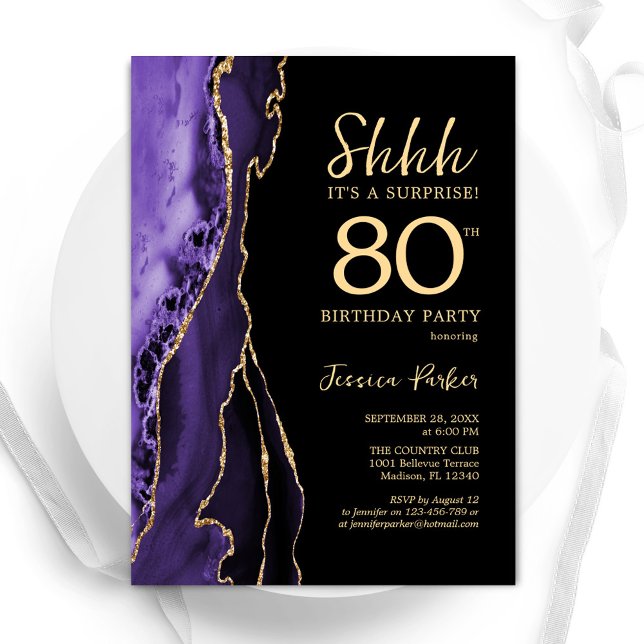 Purple Black Gold Agate Surprise 80th Birthday Invitation (Creator Uploaded)