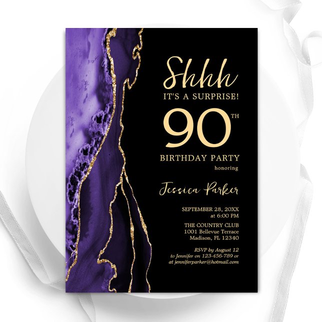 Purple Black Gold Agate Surprise 90th Birthday Invitation (Creator Uploaded)
