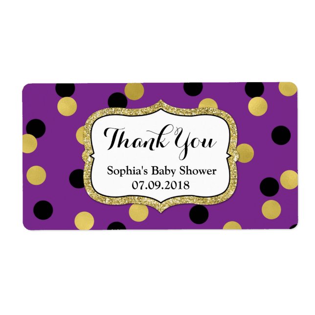 Purple  Black Gold Confetti Baby Shower Labels (Front)