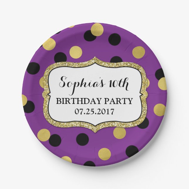 Purple Black Gold Confetti Birthday Party Plate (Front)