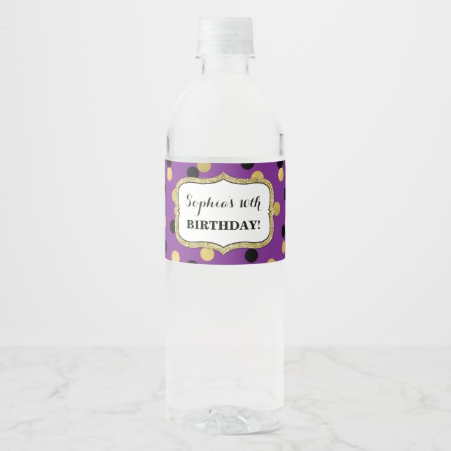 Purple Black Gold Confetti Custom Birthday Party Water Bottle Label (Front)