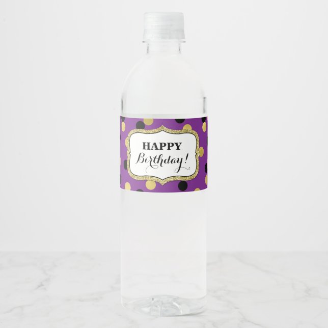 Purple Black Gold Confetti Happy Birthday! Water Bottle Label (Front)