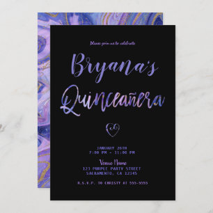 Purple Black Gold Marble Chic Glam 15 Quinceañera  Invitation