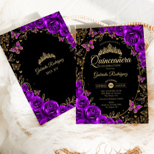 Purple Black Gold Quinceanera Invitation