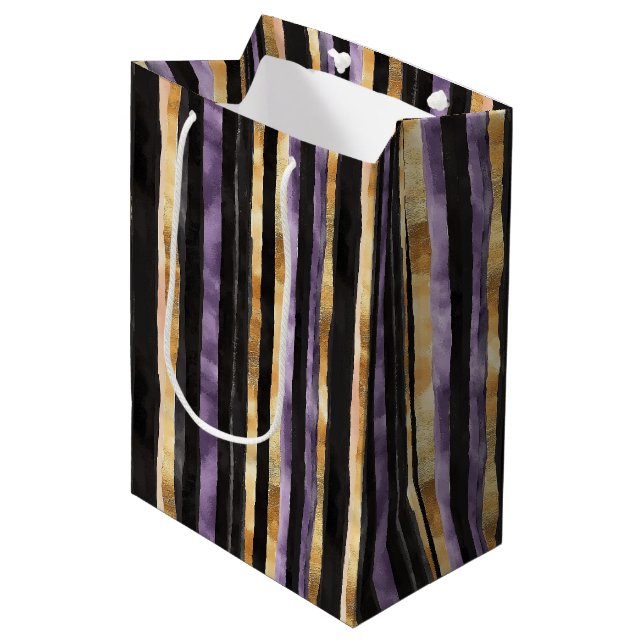 Purple Black Gold Stripes Birthday Medium Gift Bag (Front Angled)