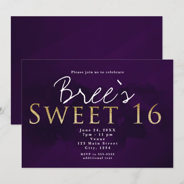 Purple Black & Gold SWEET 16 Chic Birthday Party Invitation (Front/Back)