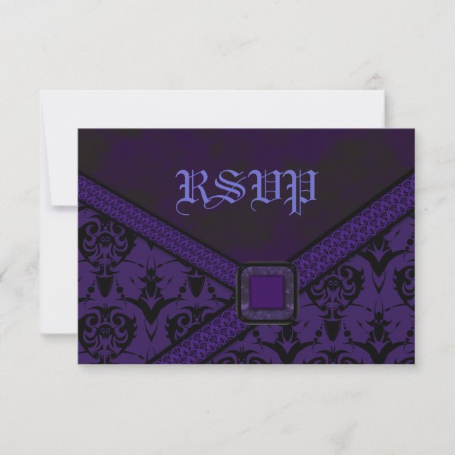 Purple & Black Goth Lace Wedding RSVP Card (Front)