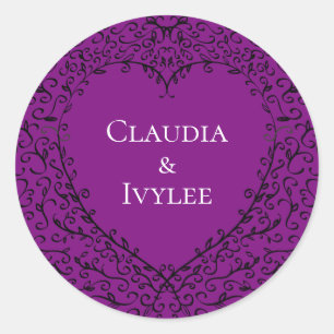 Purple & Black Gothic Wedding Heart Classic Round Sticker