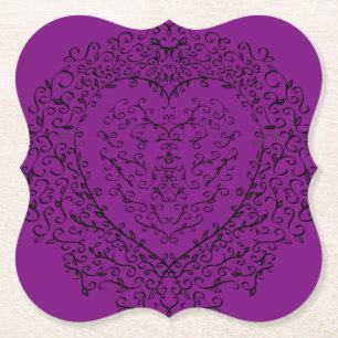 Purple & Black Gothic Wedding Heart Paper Coaster