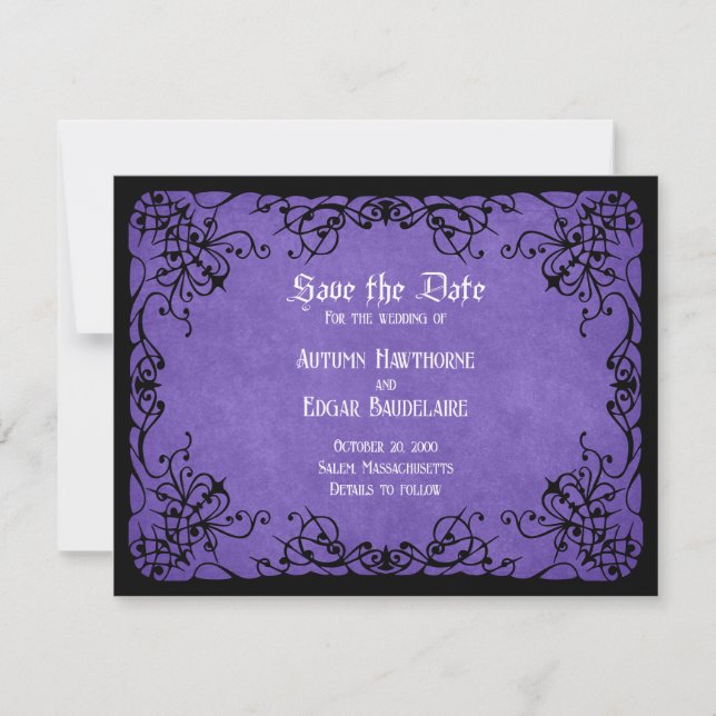 Purple Black Gothic Wedding Save The Date (Front)