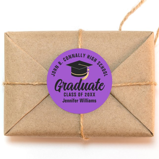 Purple Black Graduate Custom Graduation Party Classic Round Sticker (Creator Uploaded)