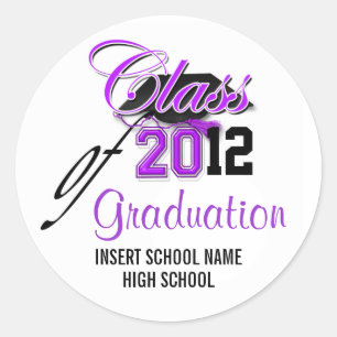 Purple black graduation "class of" announcement classic round sticker