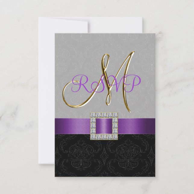 Purple Black Grey Damask Gold Initial Wedding RSVP Card (Front)