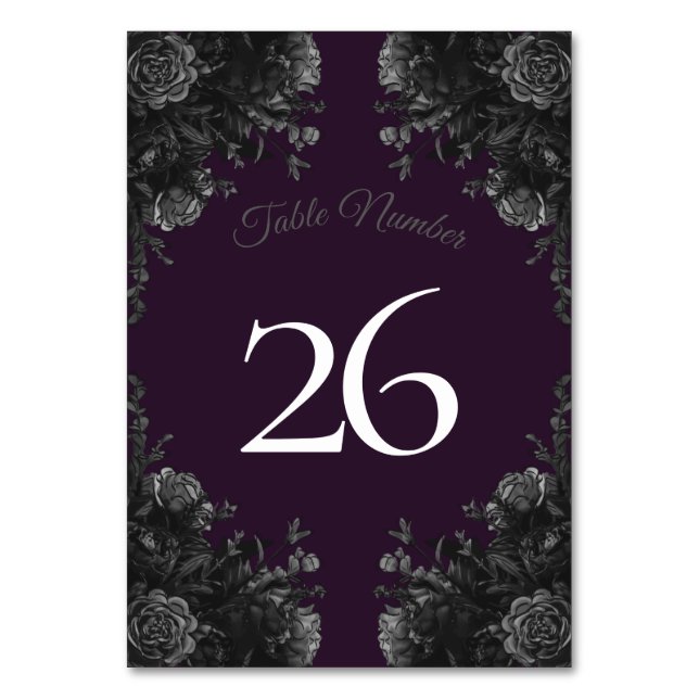 Purple Black Grey Rose Gothic Wedding Table Number (Back)