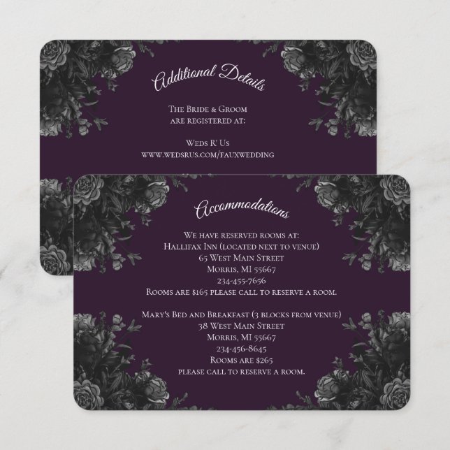 Purple Black Grey Roses Gothic Wedding Enclosure Card (Front/Back)