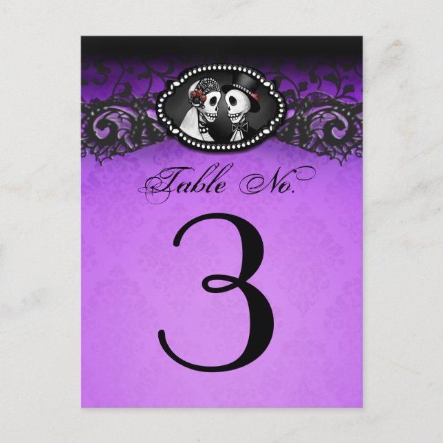 Purple & Black Halloween Skeletons Table Number Postcard (Front)