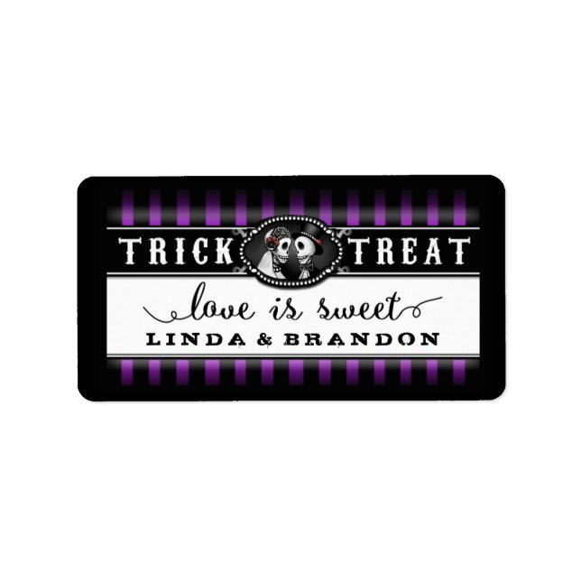 Purple Black Halloween Wedding Names Love is Sweet Label (Front)