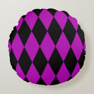Purple Black Harlequin Diamonds Checkers Design Round Cushion