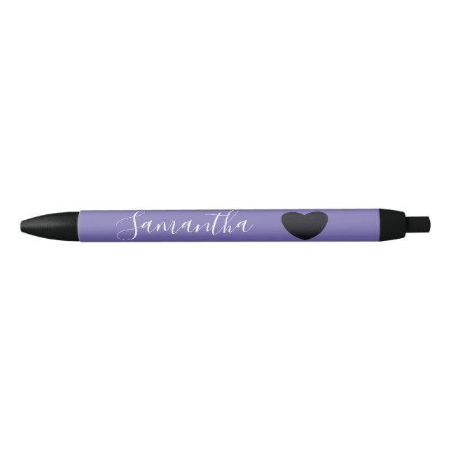 Purple Black Heart Personalised Name Black Ink Pen (Front)