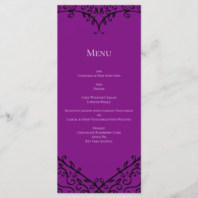 Purple Black Heart Swirls Gothic Wedding Menu (Front)