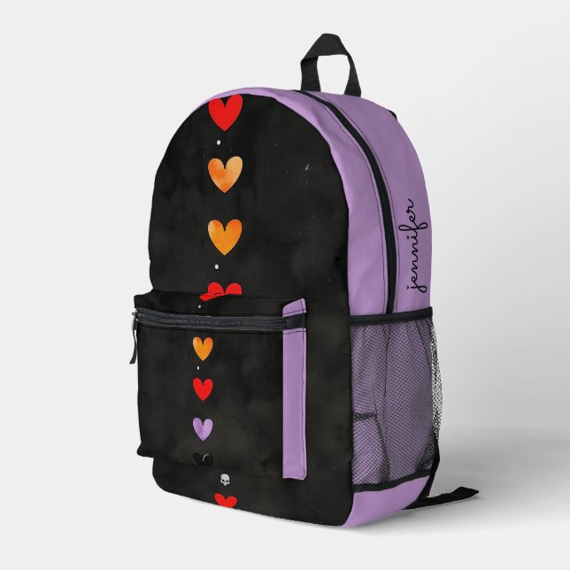 Purple & Black Hearts and Skull Printed Backpack (Back Corner Right)