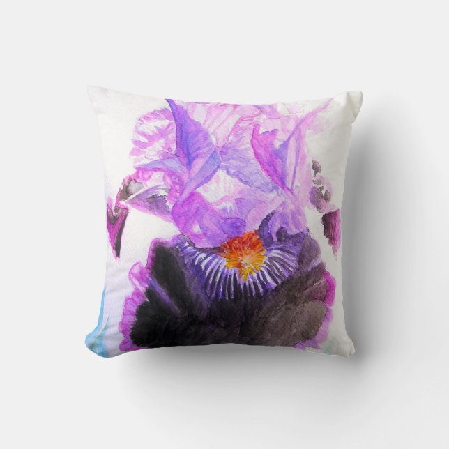 Purple Black Iris Watercolor Flower Floral Cushion (Front)