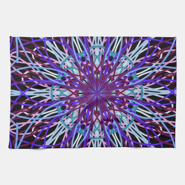 Purple Black Kaleidoscope Mandala Art Tea Towel (Horizontal)