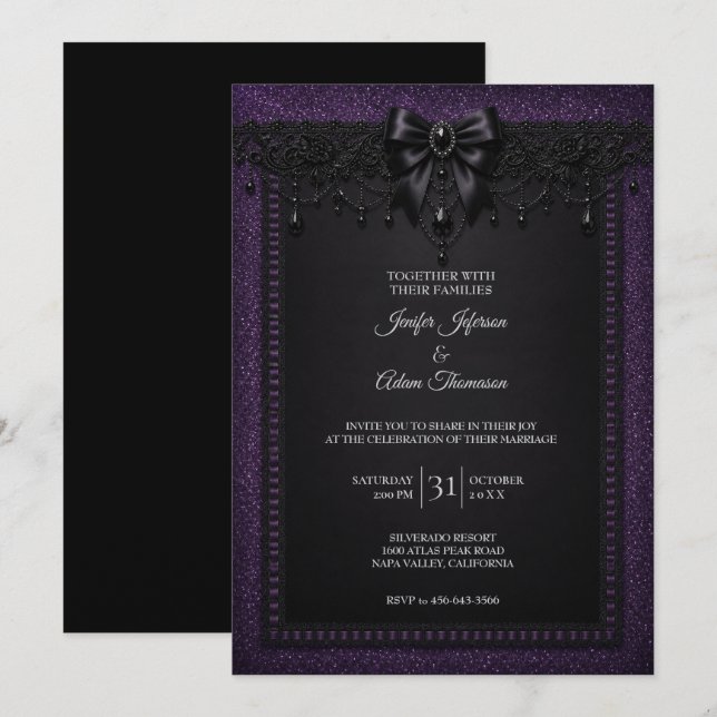 Purple Black Lace Wedding Invitation (Front/Back)