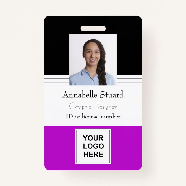 Purple Black Lined Name photo employee corporate ID Badge (Front)