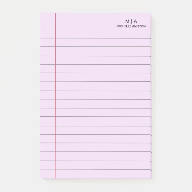 Purple Black Lined School Notebook Paper Monogram Post-it Notes (Front)