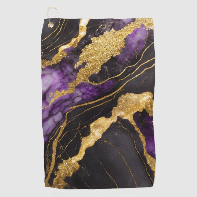 Purple Black Marble Pattern with Gold Golf Towel (Front)