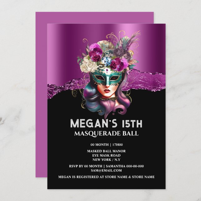 Purple black masquerade face mask rose glam invitation (Front/Back)