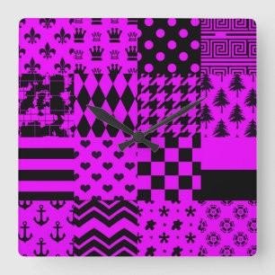 Purple Black Mixed Patterns Patchwork Design Square Wall Clock