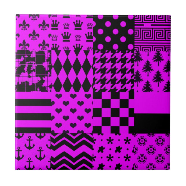 Purple Black Mixed Patterns Patchwork Design  Tile (Front)