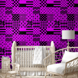 Purple Black Mixed Patterns Patchwork Design Wallpaper
