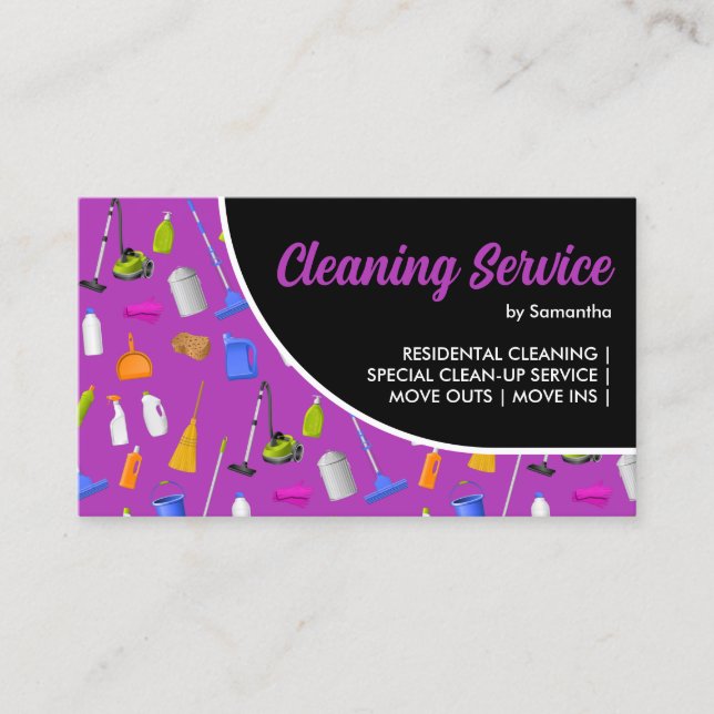 Purple Black Modern House Cleaning Service Business Card (Front)