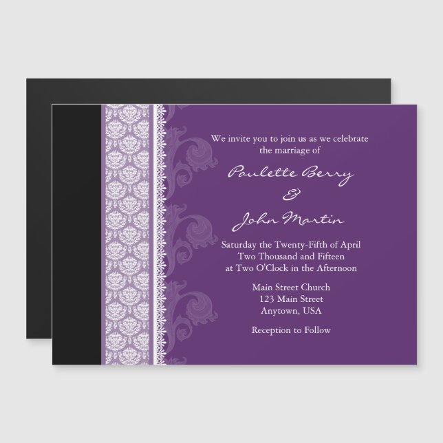 Purple Black Modern Magnetic Wedding Invitation (Front/Back)