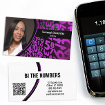Purple Black Numbers Custom Photo QR Code Business Card<br><div class="desc">A purple and black numbers background on this design features a photo placeholder on the left with template name on the right. The back includes a coordinated design and colours with text fields for the business name and details. Replace the placeholder photo with your vertical format photograph and your link...</div>